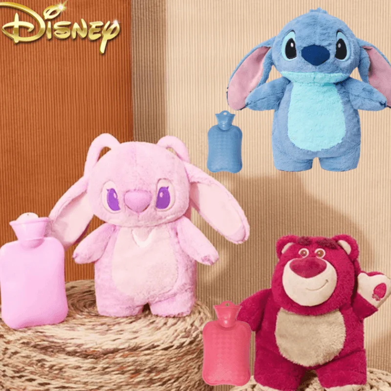 Disney Stitch Angel Lotso botella cálida de mano de felpa genuina, botellas de agua caliente, bolsa de mano cálida portátil de invierno, juguetes, regalo de Navidad