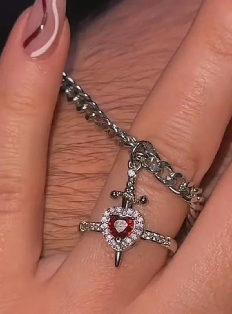 Anillo y Pulsera de Pareja Corazón y Espada (2 piezas) - Acero Inoxidable - Regalo San Valentín (c)