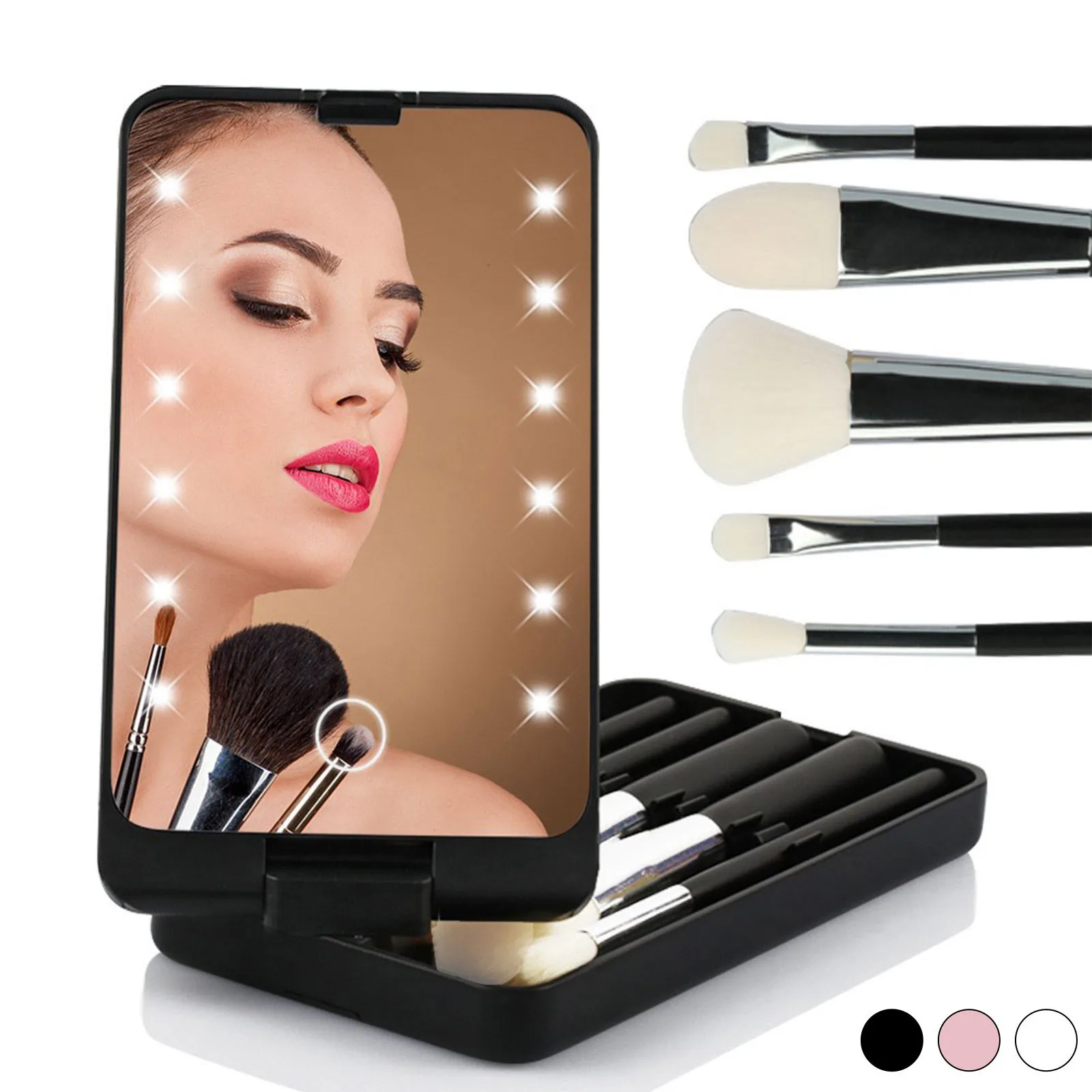 Nuevo conjunto de 5 brochas de maquillaje de viaje con estuche con espejo con luz LED